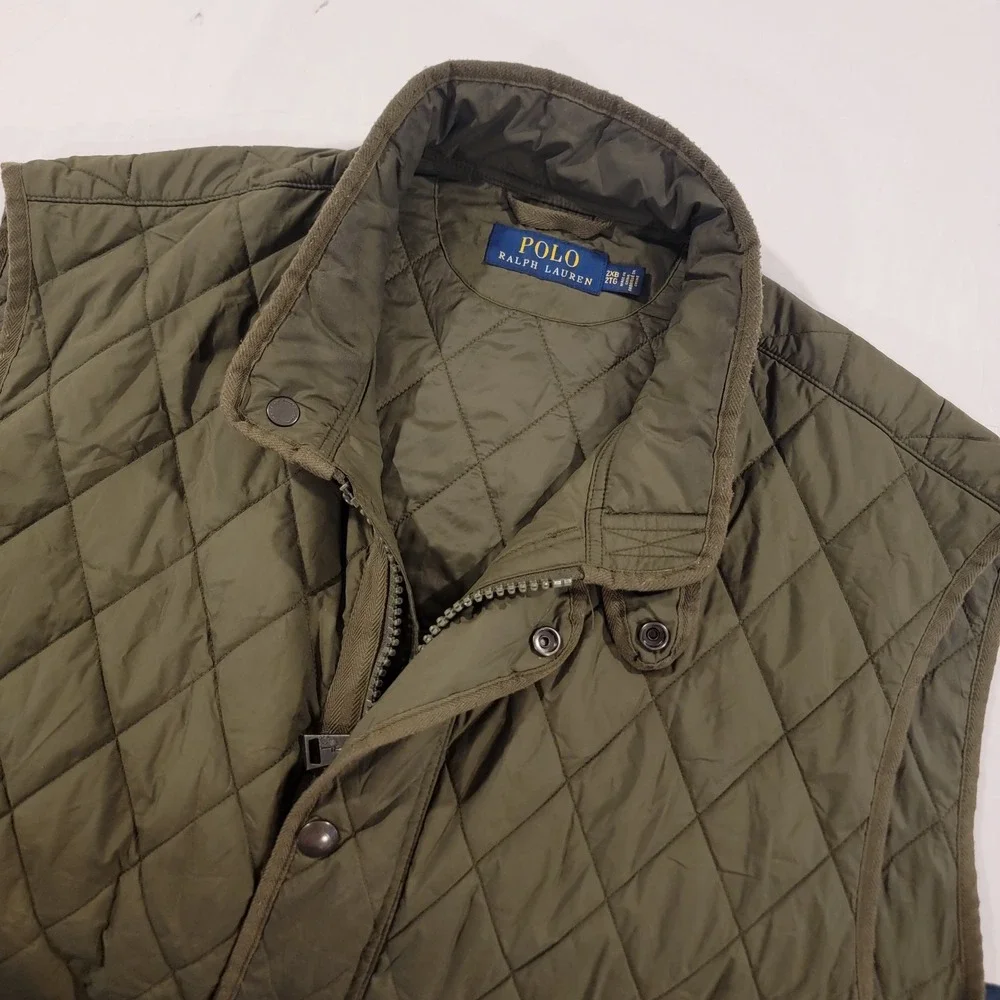 Polo Ralph Lauren Diamond Quilted Vest‎ Mens 2XB Olive Green Full Zip Snap